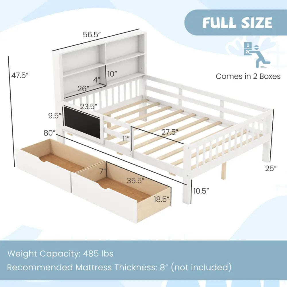 Twin/Full Size Bed Frame with 2 Drawers and Bookcase for Boys and Girls-Full Size - White - Toddler Beds