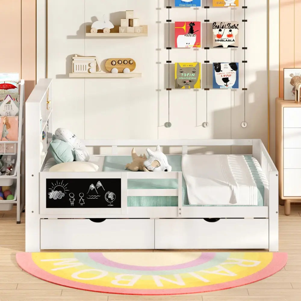 Twin/Full Size Bed Frame with 2 Drawers and Bookcase for Boys and Girls-Full Size - White - Toddler Beds