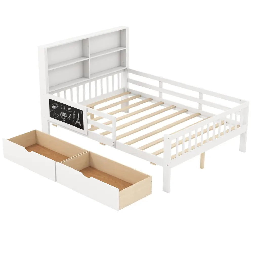 Twin/Full Size Bed Frame with 2 Drawers and Bookcase for Boys and Girls-Full Size - White - Toddler Beds