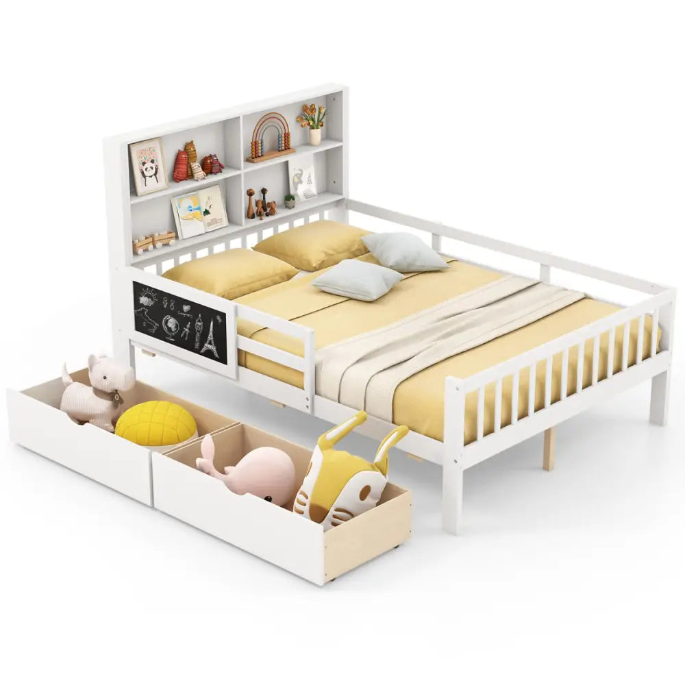 Twin/Full Size Bed Frame with 2 Drawers and Bookcase for Boys and Girls-Full Size - White - Toddler Beds