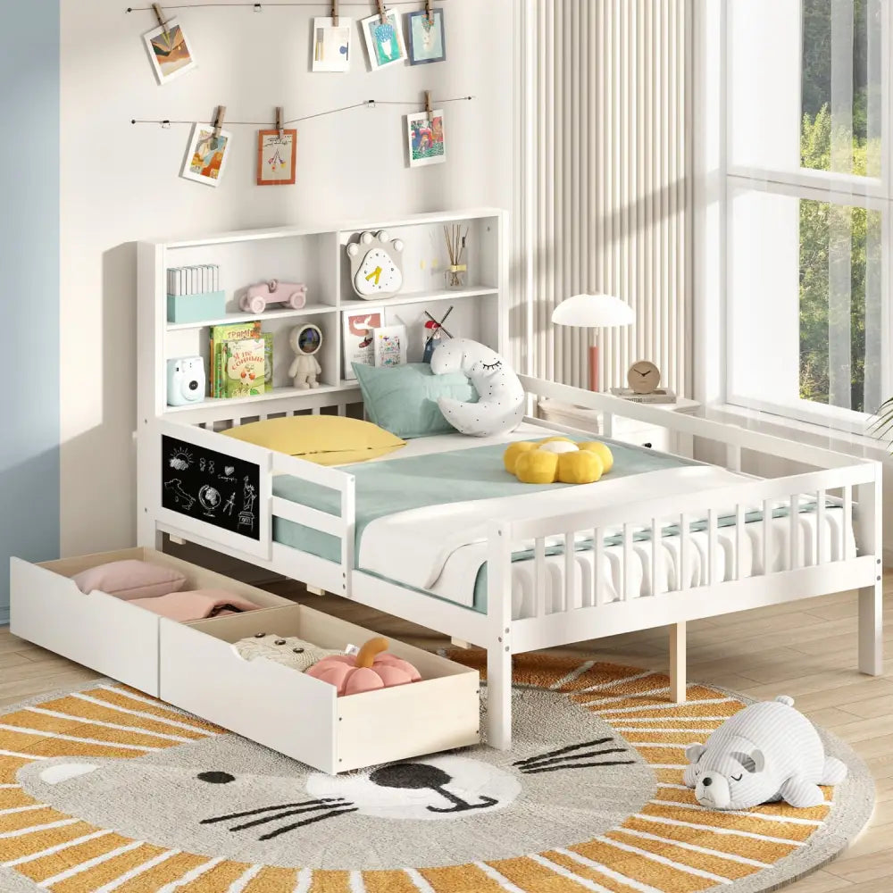 Twin/Full Size Bed Frame with 2 Drawers and Bookcase for Boys and Girls-Full Size - White - Toddler Beds
