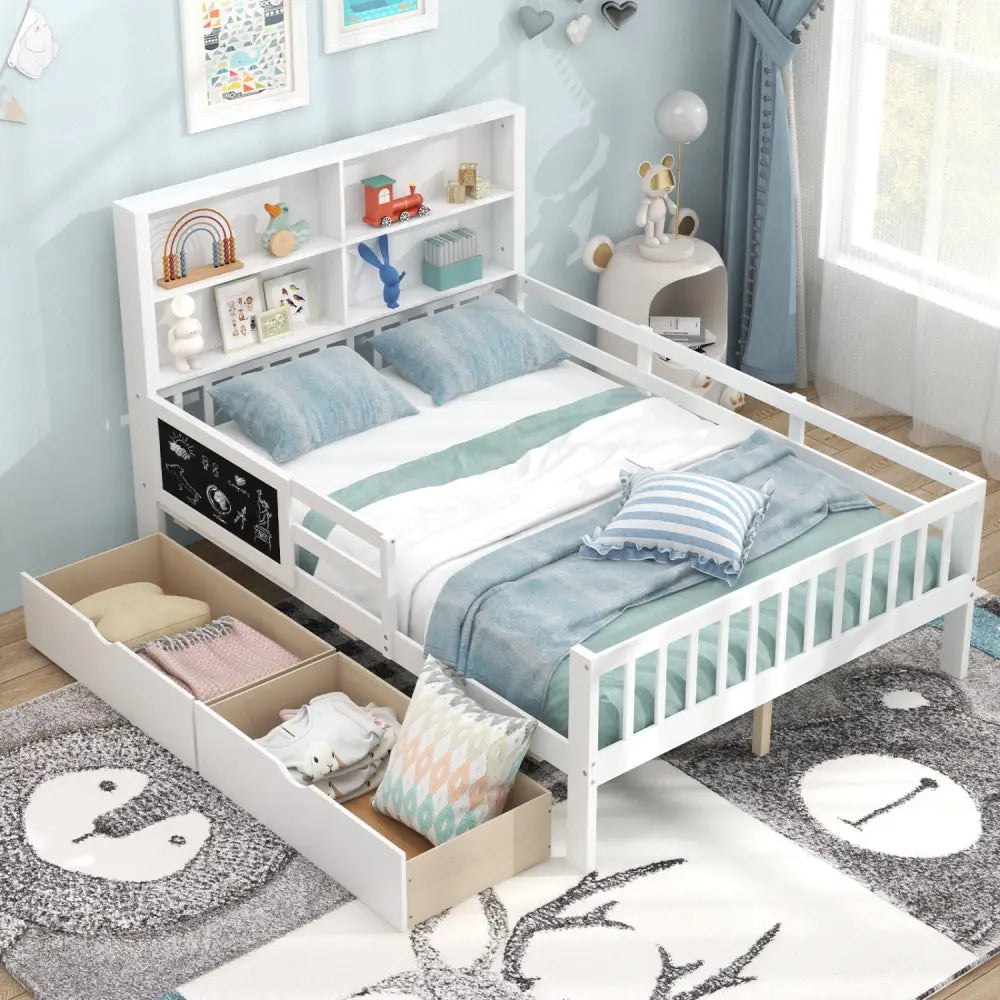 Twin/Full Size Bed Frame with 2 Drawers and Bookcase for Boys and Girls-Full Size - White - Toddler Beds
