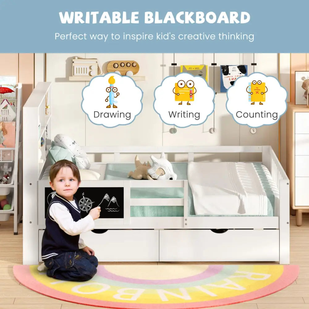 Twin/Full Size Bed Frame with 2 Drawers and Bookcase for Boys and Girls-Full Size - White - Toddler Beds