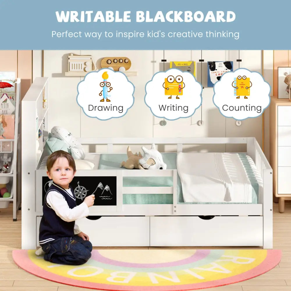 Twin/Full Size Bed Frame with 2 Drawers and Bookcase for Boys and Girls-Full Size - White - Toddler Beds