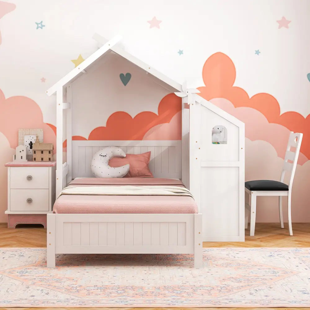 Twin House Bed with with 2 Drawers and Windmill-White - White - Toddler Beds