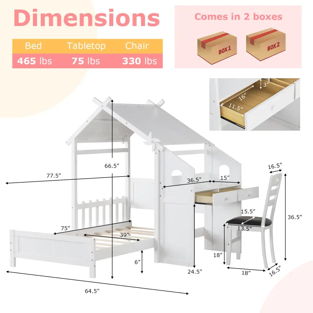 Twin House Bed with with 2 Drawers and Windmill-White - White - Toddler Beds