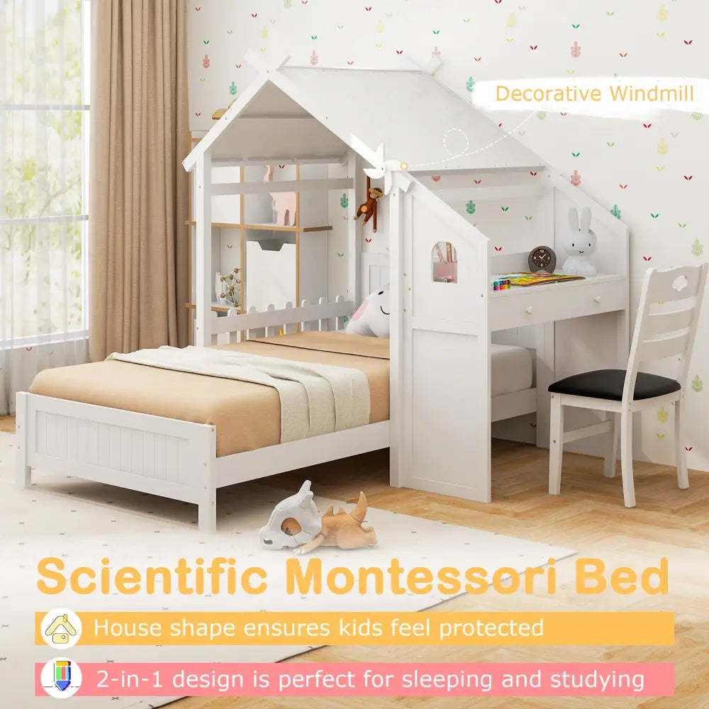 Twin House Bed with with 2 Drawers and Windmill-White - White - Toddler Beds