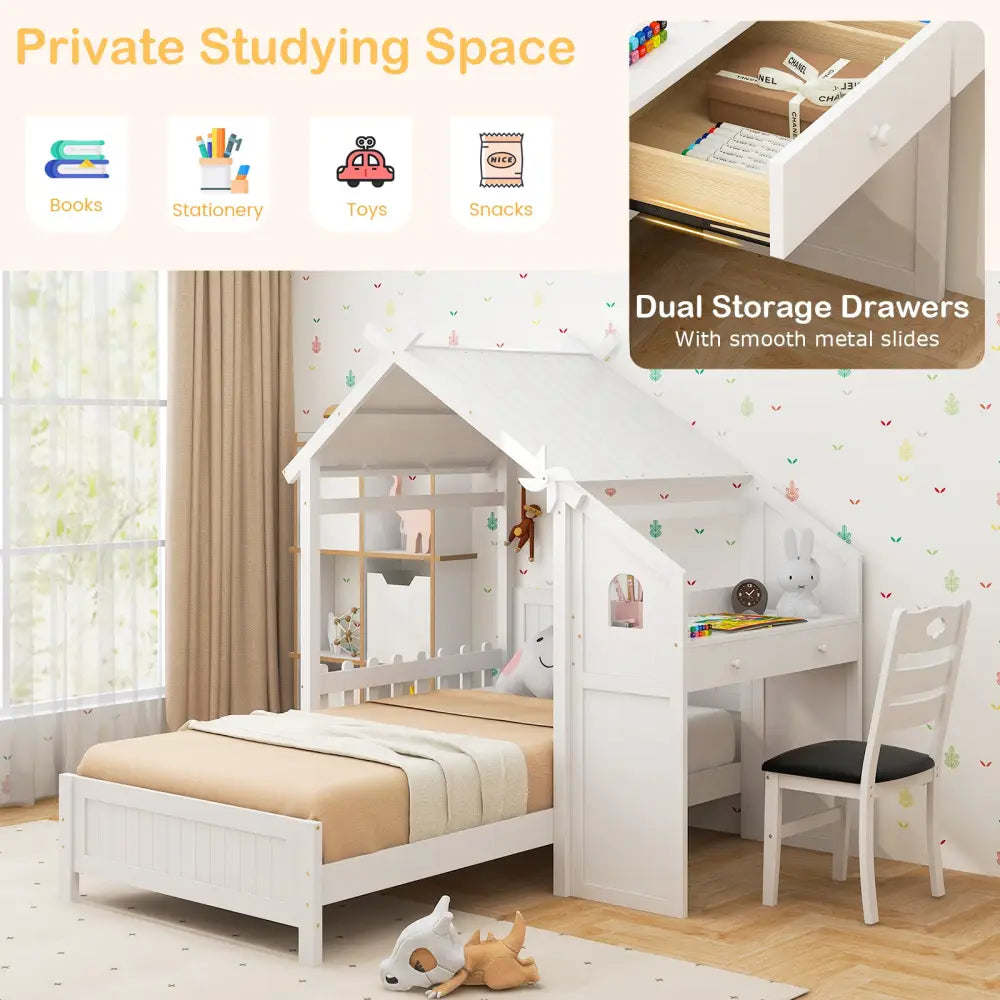 Twin House Bed with with 2 Drawers and Windmill-White - White - Toddler Beds
