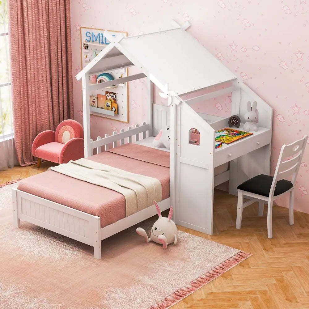Twin House Bed with with 2 Drawers and Windmill-White - White - Toddler Beds
