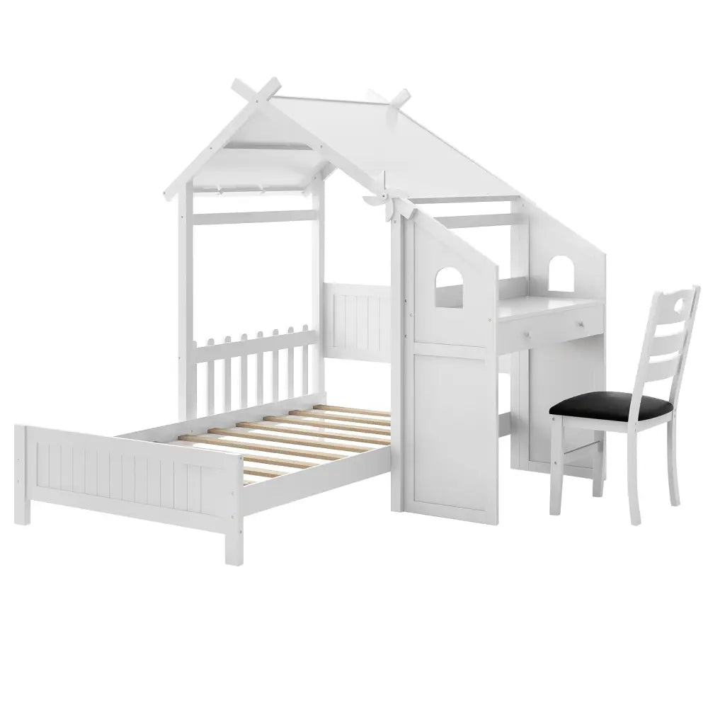 Twin House Bed with with 2 Drawers and Windmill-White - White - Toddler Beds