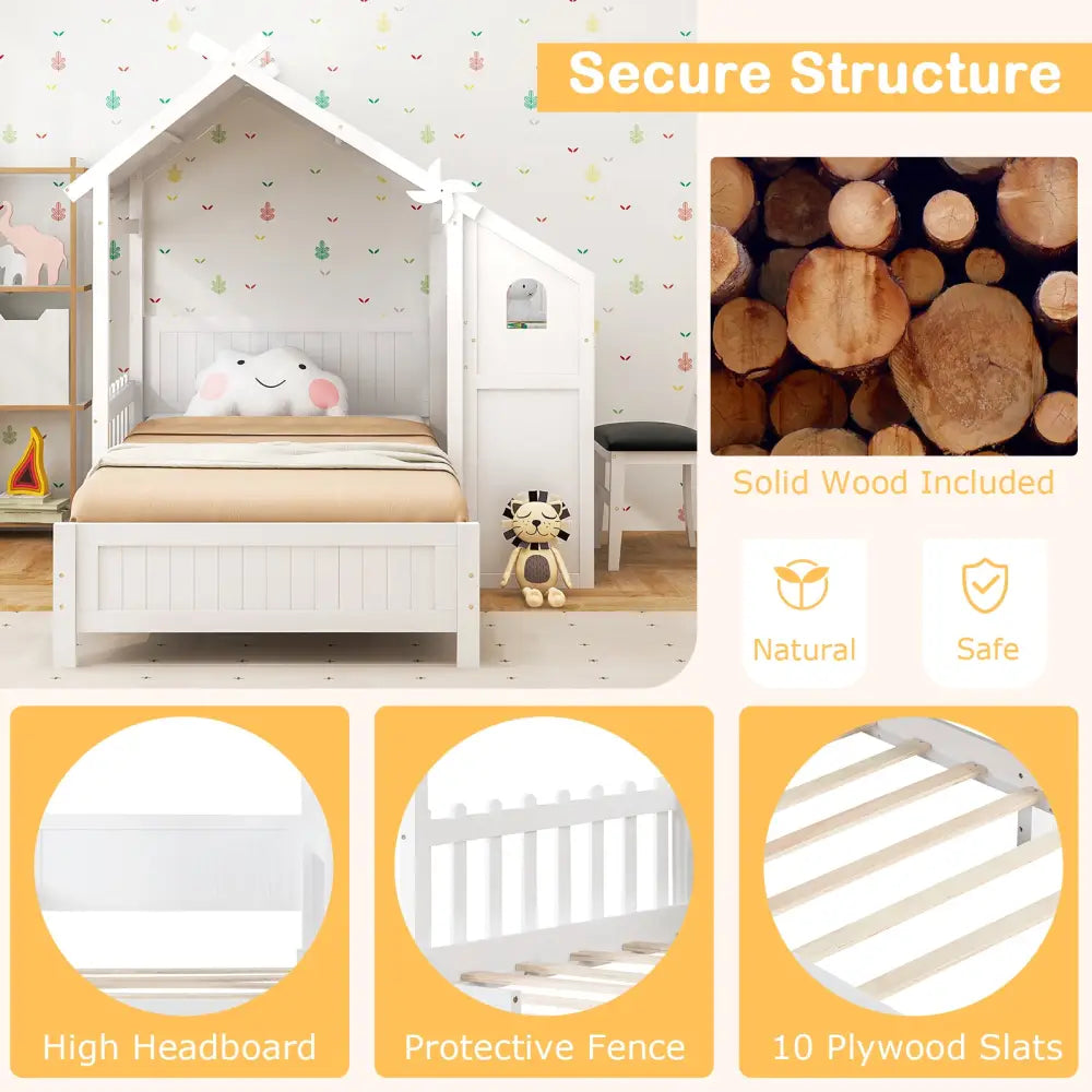 Twin House Bed with with 2 Drawers and Windmill-White - White - Toddler Beds