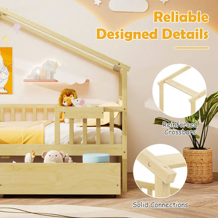 Twin House Bed with 2 Storage Drawers and Roof & Fence Rails-Natural - Natural - Simple Bed Frame