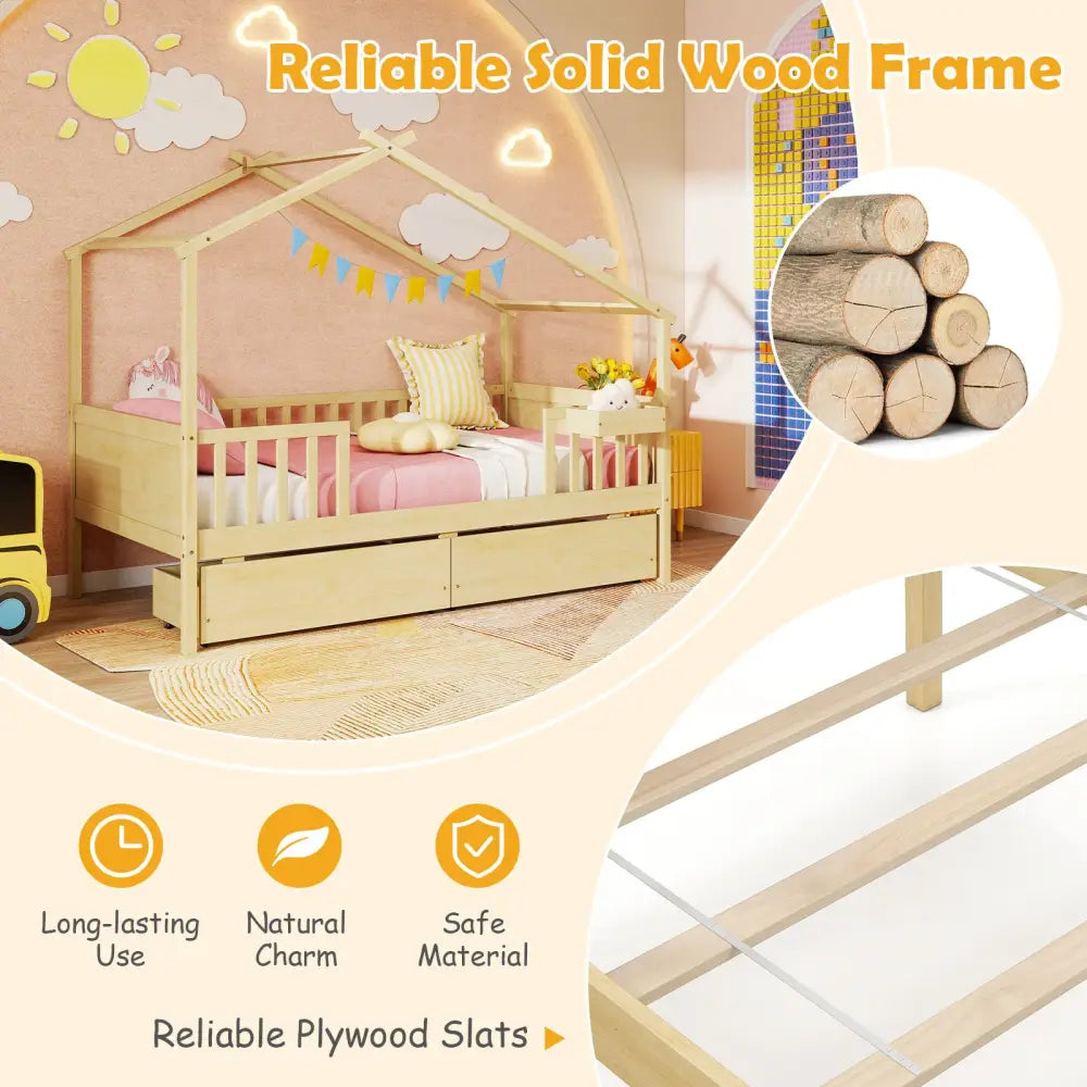 Twin House Bed with 2 Storage Drawers and Roof & Fence Rails-Natural - Natural - Simple Bed Frame