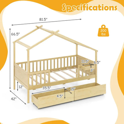 Twin House Bed with 2 Storage Drawers and Roof & Fence Rails-Natural - Natural - Simple Bed Frame