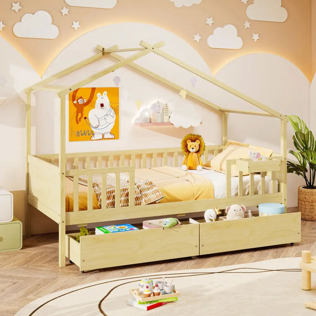 Twin House Bed with 2 Storage Drawers and Roof & Fence Rails-Natural - Natural - Simple Bed Frame