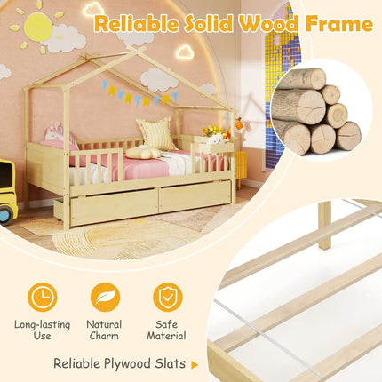 Twin House Bed with 2 Storage Drawers and Roof & Fence Rails-Natural - Natural - Simple Bed Frame