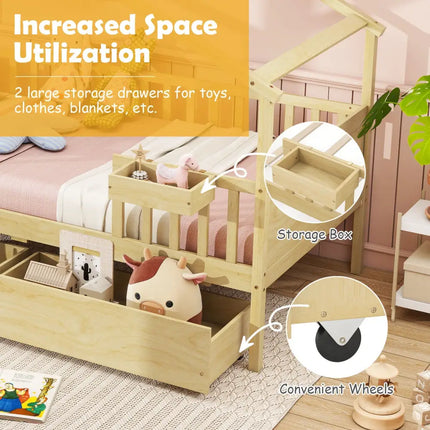 Twin House Bed with 2 Storage Drawers and Roof & Fence Rails-Natural - Natural - Simple Bed Frame