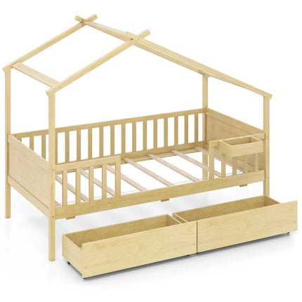 Twin House Bed with 2 Storage Drawers and Roof & Fence Rails-Natural - Natural - Simple Bed Frame