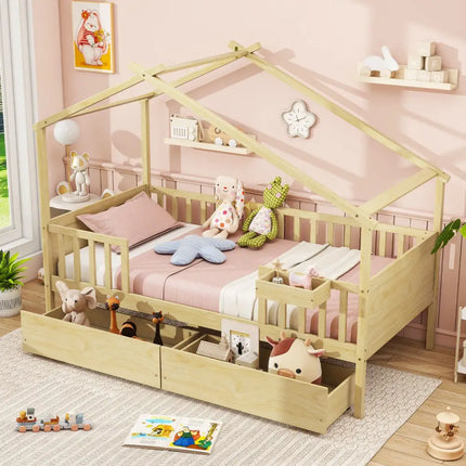 Twin House Bed with 2 Storage Drawers and Roof & Fence Rails-Natural - Natural - Simple Bed Frame