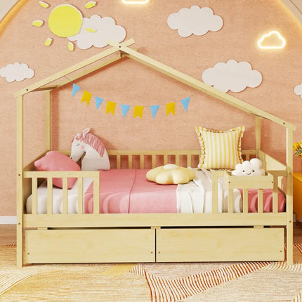 Twin House Bed with 2 Storage Drawers and Roof & Fence Rails-Natural - Natural - Simple Bed Frame
