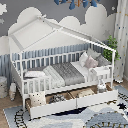 Twin House Bed with 2 Storage Drawers and Roof & Fence Rails-White - White - Simple Bed Frame
