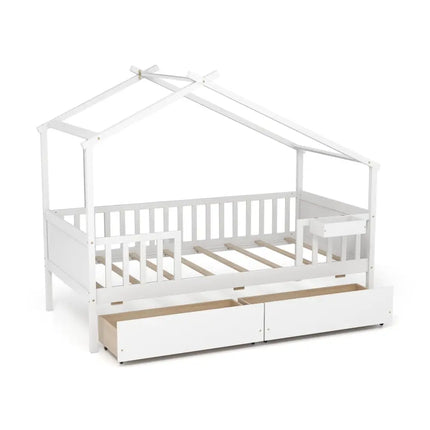 Twin House Bed with 2 Storage Drawers and Roof & Fence Rails-White - White - Simple Bed Frame