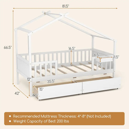 Twin House Bed with 2 Storage Drawers and Roof & Fence Rails-White - White - Simple Bed Frame