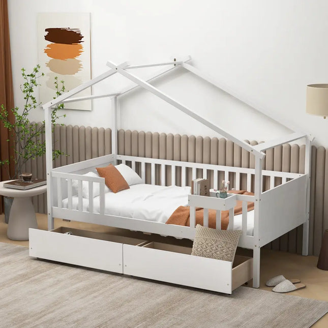 Twin House Bed with 2 Storage Drawers and Roof & Fence Rails-White - White - Simple Bed Frame