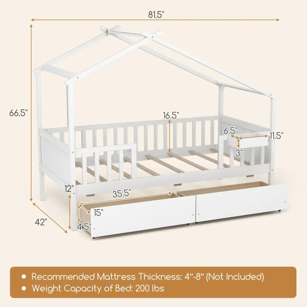 Twin House Bed with 2 Storage Drawers and Roof & Fence Rails-White - White - Simple Bed Frame