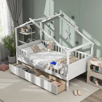 Twin House Bed with 2 Storage Drawers and Roof & Fence Rails-White - White - Simple Bed Frame