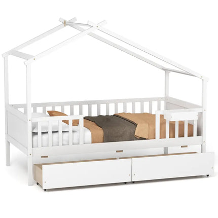 Twin House Bed with 2 Storage Drawers and Roof & Fence Rails-White - White - Simple Bed Frame