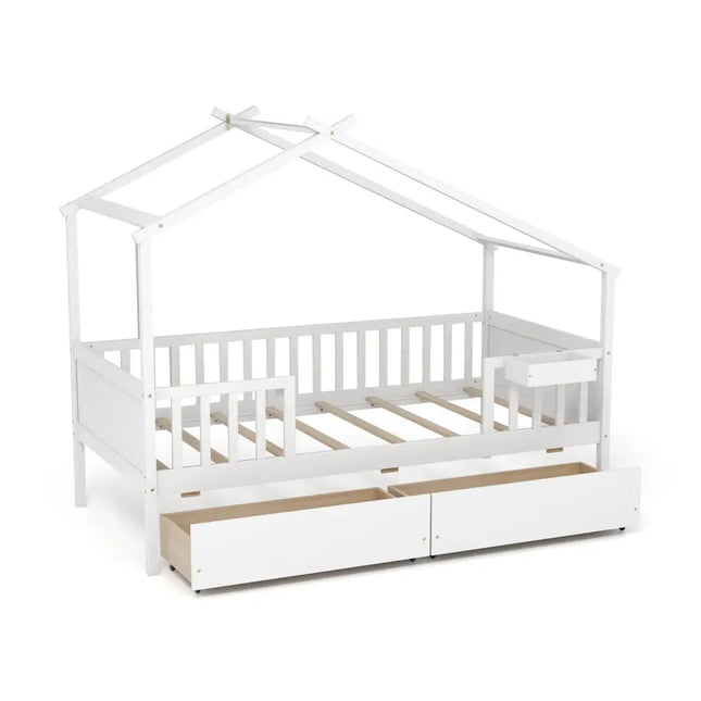 Twin House Bed with 2 Storage Drawers and Roof & Fence RailsWhite - Oasis Home Essentials