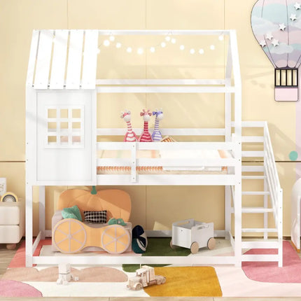 Twin House Bed with Stairs and Roof for Kids-White - White - Bunk Bed Frame