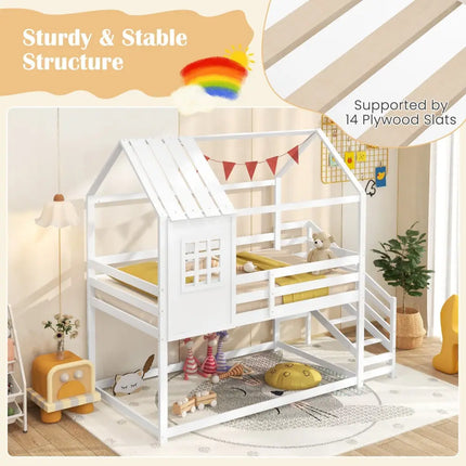 Twin House Bed with Stairs and Roof for Kids-White - White - Bunk Bed Frame