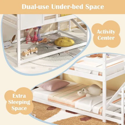 Twin House Bed with Stairs and Roof for Kids-White - White - Bunk Bed Frame