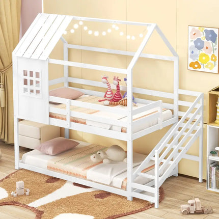 Twin House Bed with Stairs and Roof for Kids-White - White - Bunk Bed Frame