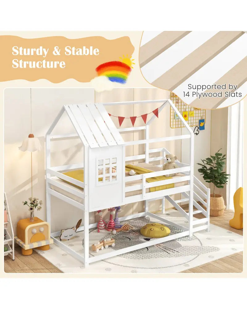 Twin House Bed with Stairs and Roof for Kids-White - White - Bunk Bed Frame
