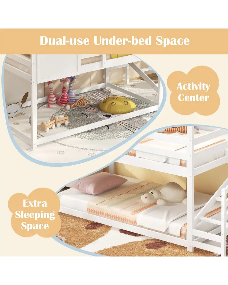 Twin House Bed with Stairs and Roof for Kids-White - White - Bunk Bed Frame