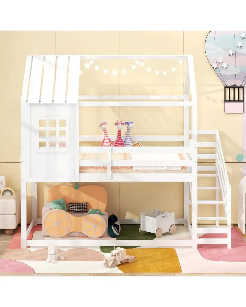 Twin House Bed with Stairs and Roof for Kids-White - White - Bunk Bed Frame