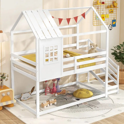 Twin House Bed with Stairs and Roof for Kids-White - White - Bunk Bed Frame
