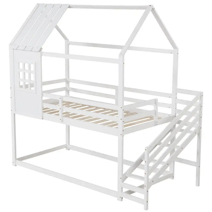 Twin House Bed with Stairs and Roof for Kids-White - White - Bunk Bed Frame
