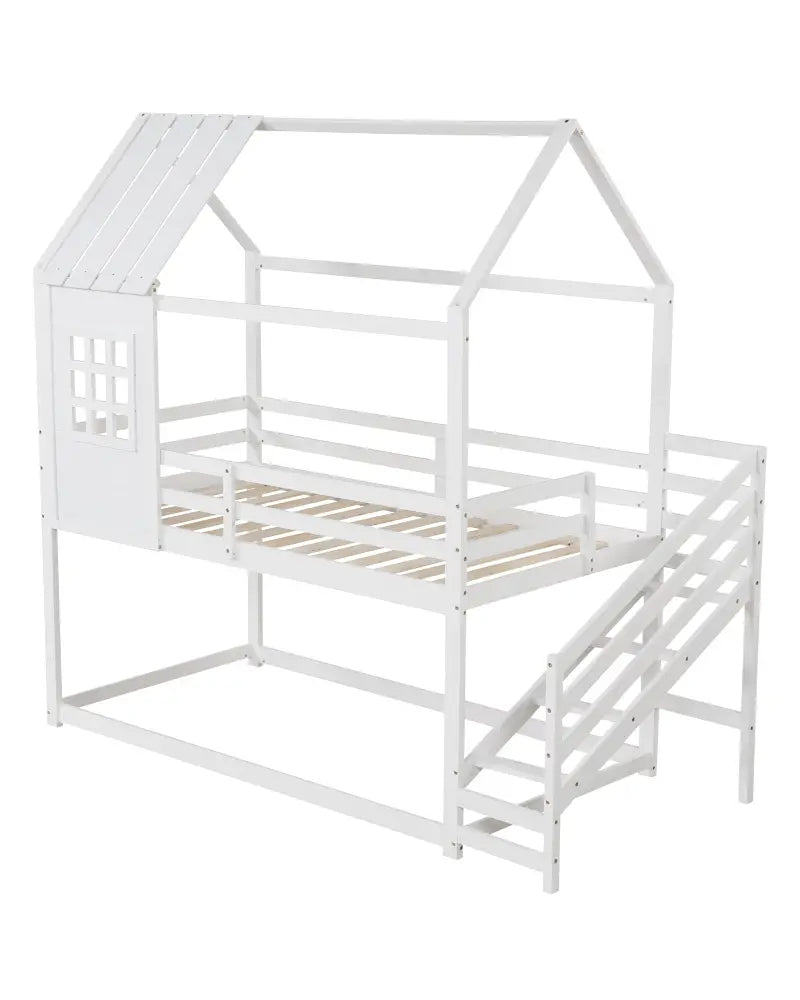 Twin House Bed with Stairs and Roof for Kids-White - White - Bunk Bed Frame