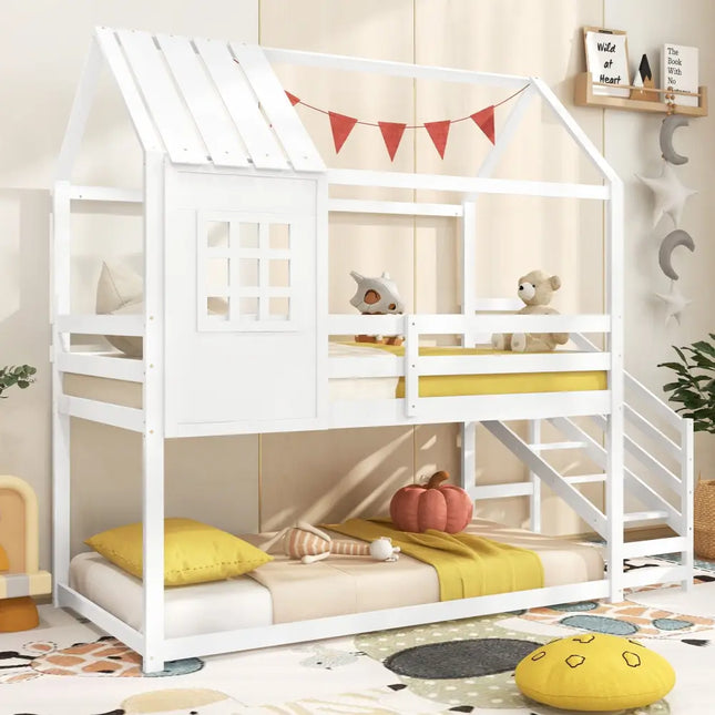 Twin House Bed with Stairs and Roof for Kids-White - White - Bunk Bed Frame