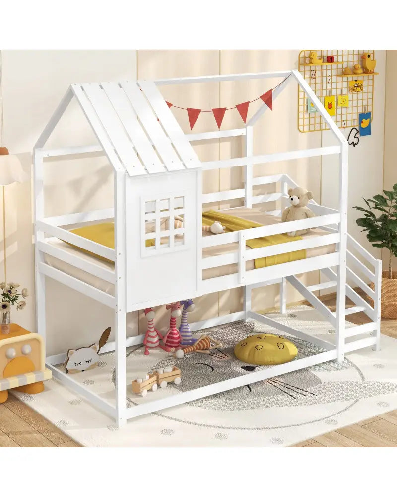 Twin House Bed with Stairs and Roof for Kids-White - White - Bunk Bed Frame