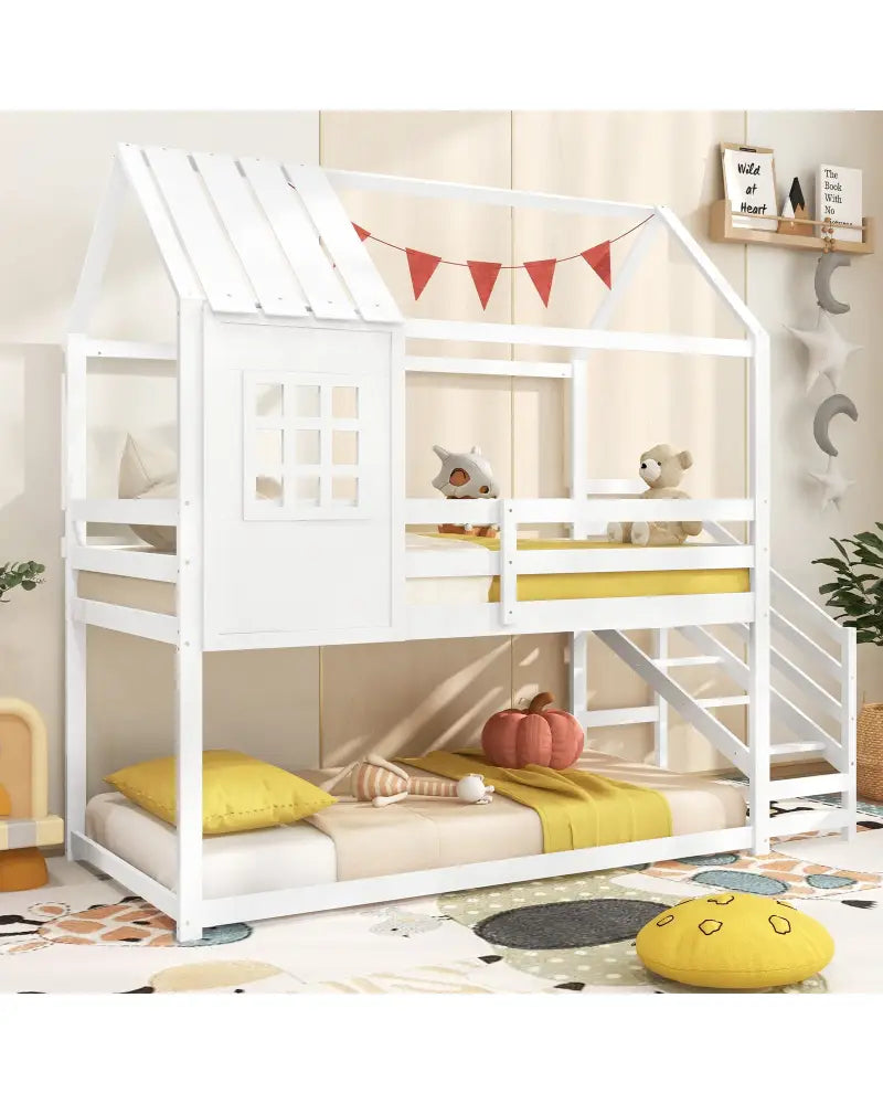 Twin House Bed with Stairs and Roof for Kids-White - White - Bunk Bed Frame