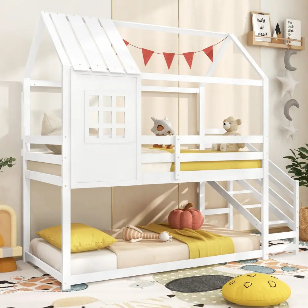 Twin House Bed with Stairs and Roof for Kids-White - White - Bunk Bed Frame