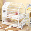 Twin House Bed with Stairs and Roof for Kids-White - White - Bunk Bed Frame