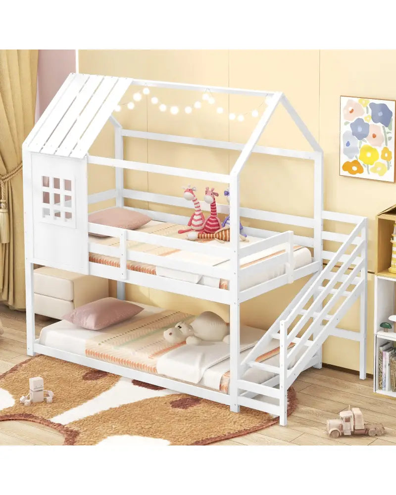 Twin House Bed with Stairs and Roof for Kids-White - White - Bunk Bed Frame