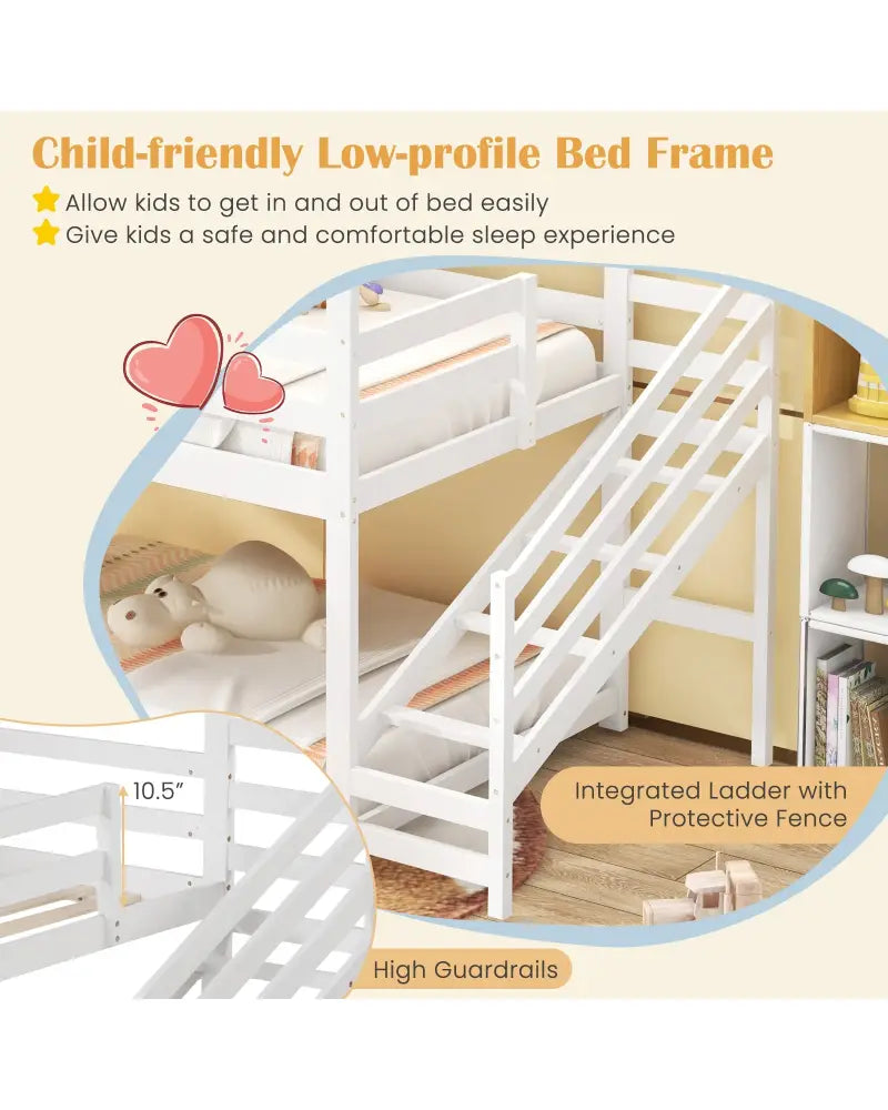 Twin House Bed with Stairs and Roof for Kids-White - White - Bunk Bed Frame