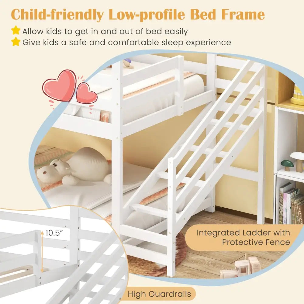 Twin House Bed with Stairs and Roof for Kids-White - White - Bunk Bed Frame